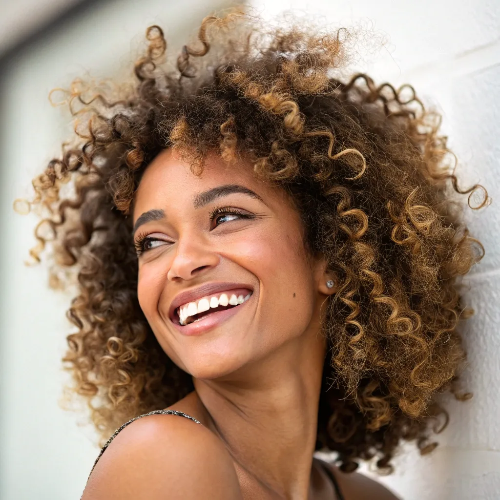 Smiling woman with curly hair